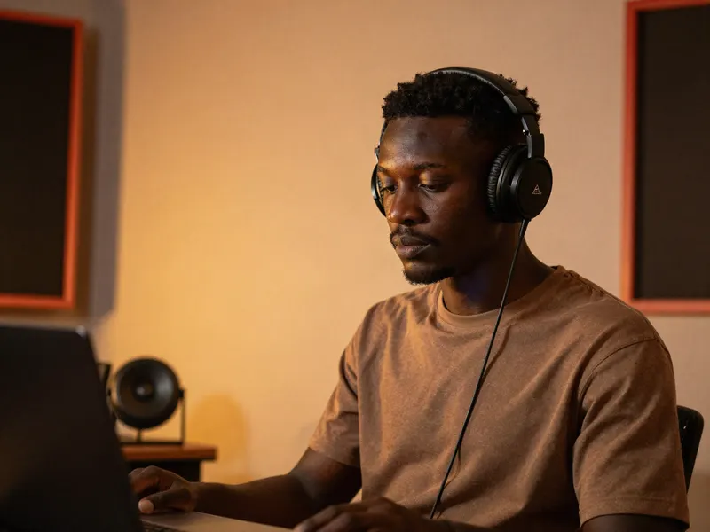 Un musicien au casque, concentré devant son ordinateur dans un petit studio.